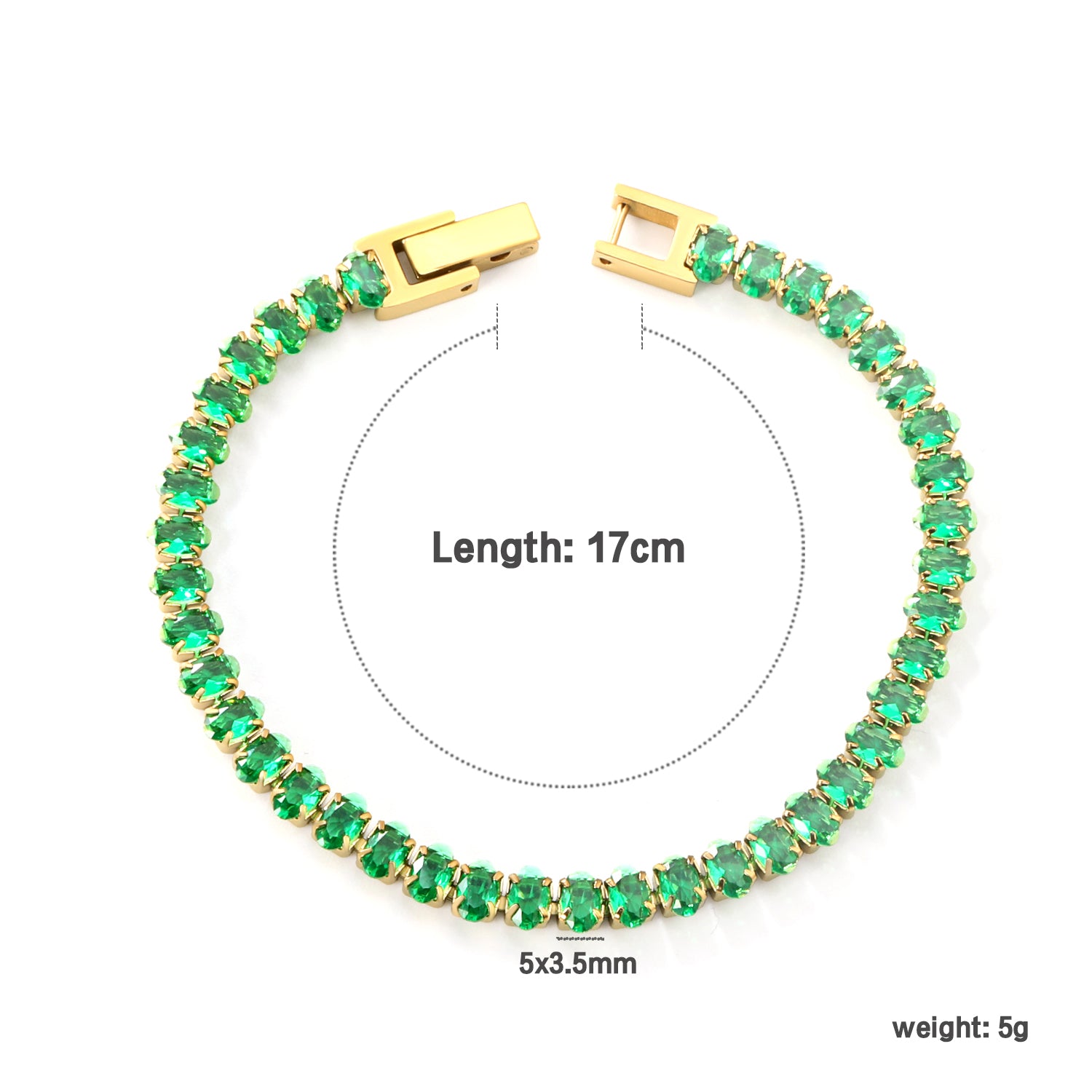 Oval Emerald Crystal Zirconium Bracelet | 18K Gold | Size 17cm
