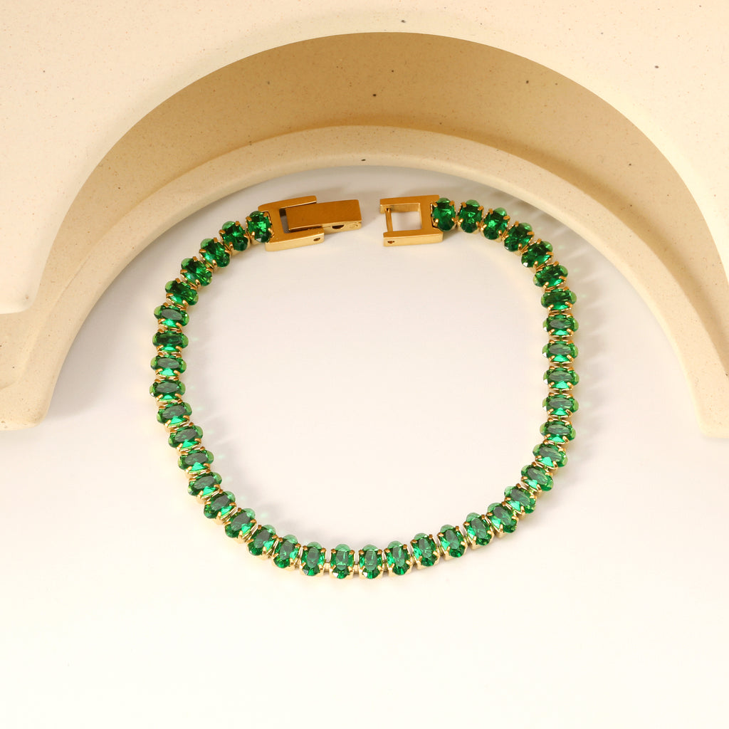 Oval Emerald Crystal Zirconium Bracelet | 18K Gold | Size 17cm