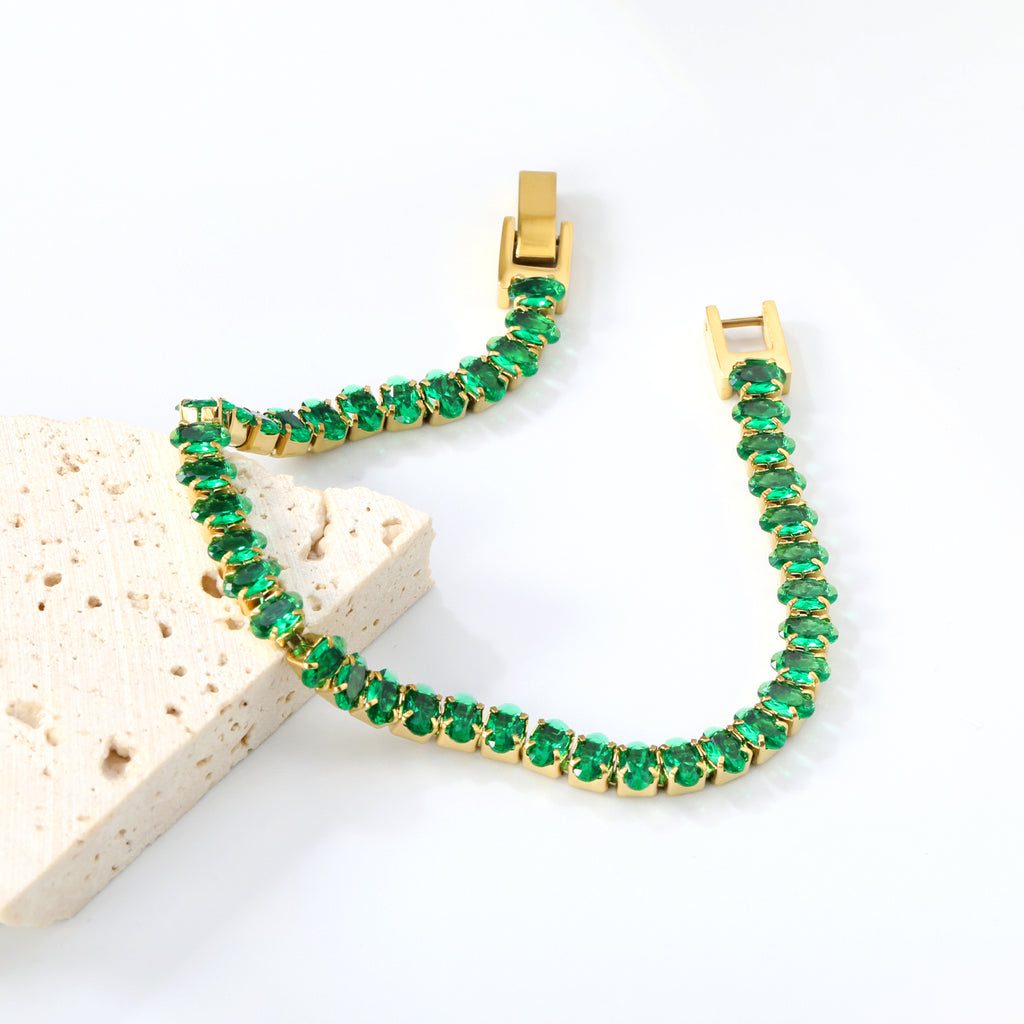 Oval Emerald Crystal Zirconium Bracelet | 18K Gold | Size 17cm