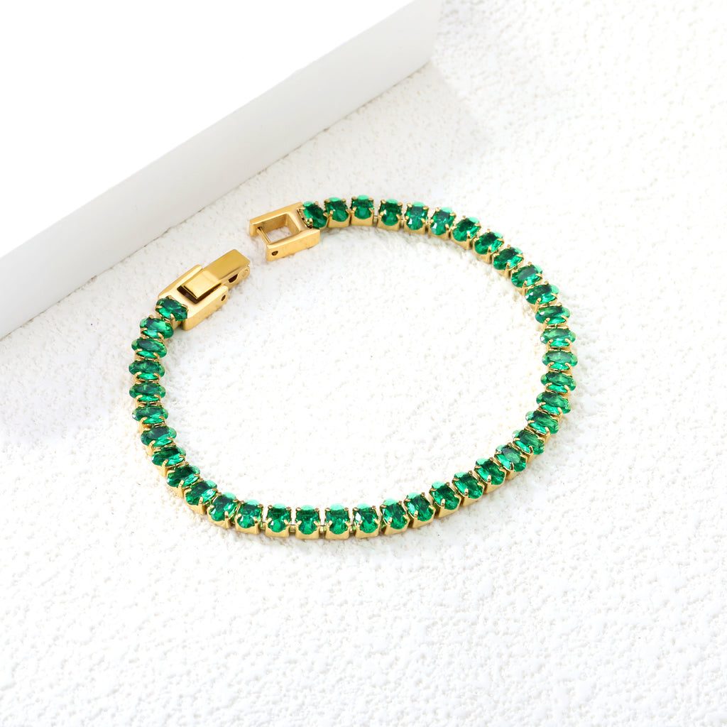 Oval Emerald Crystal Zirconium Bracelet | 18K Gold | Size 17cm