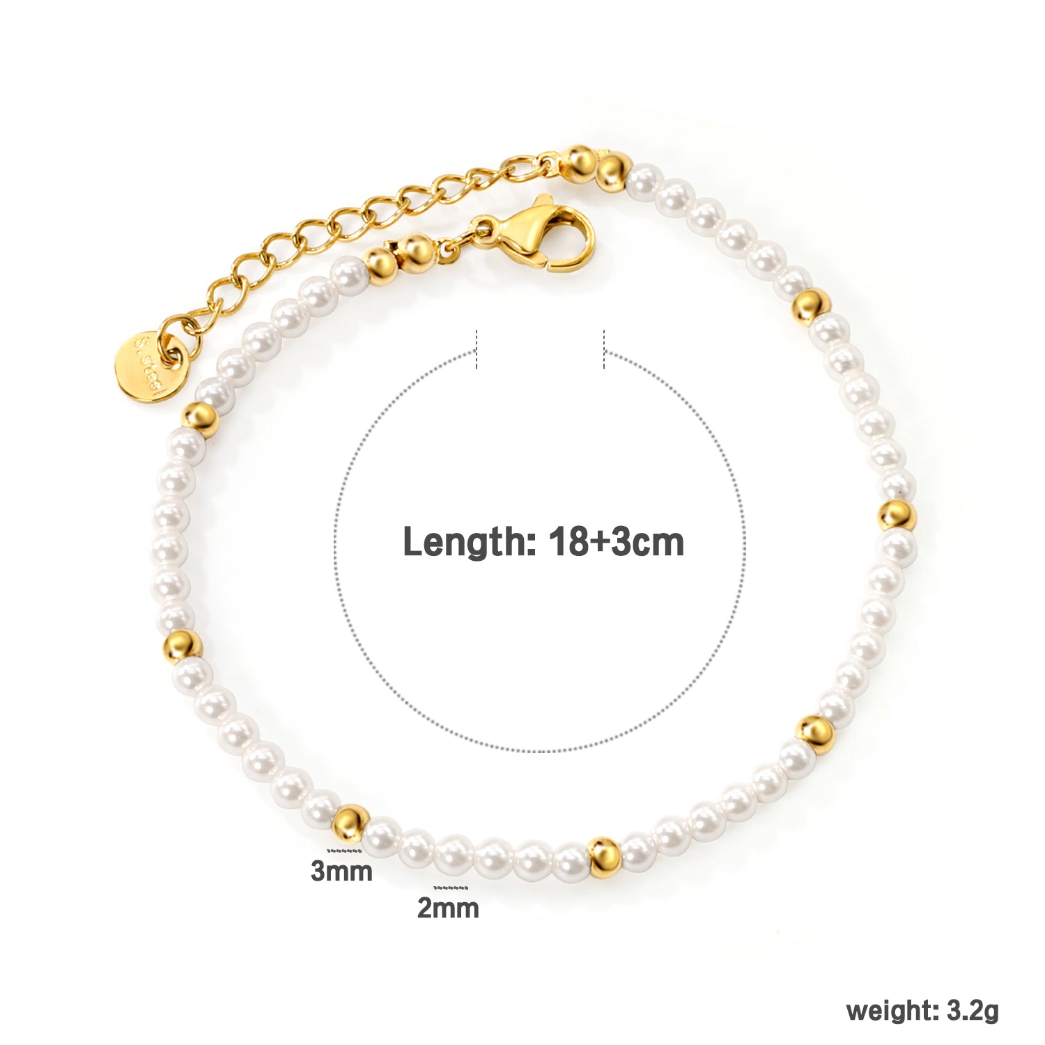 White Shell Bead Bracelet | 18K Gold | Size 18+3cm