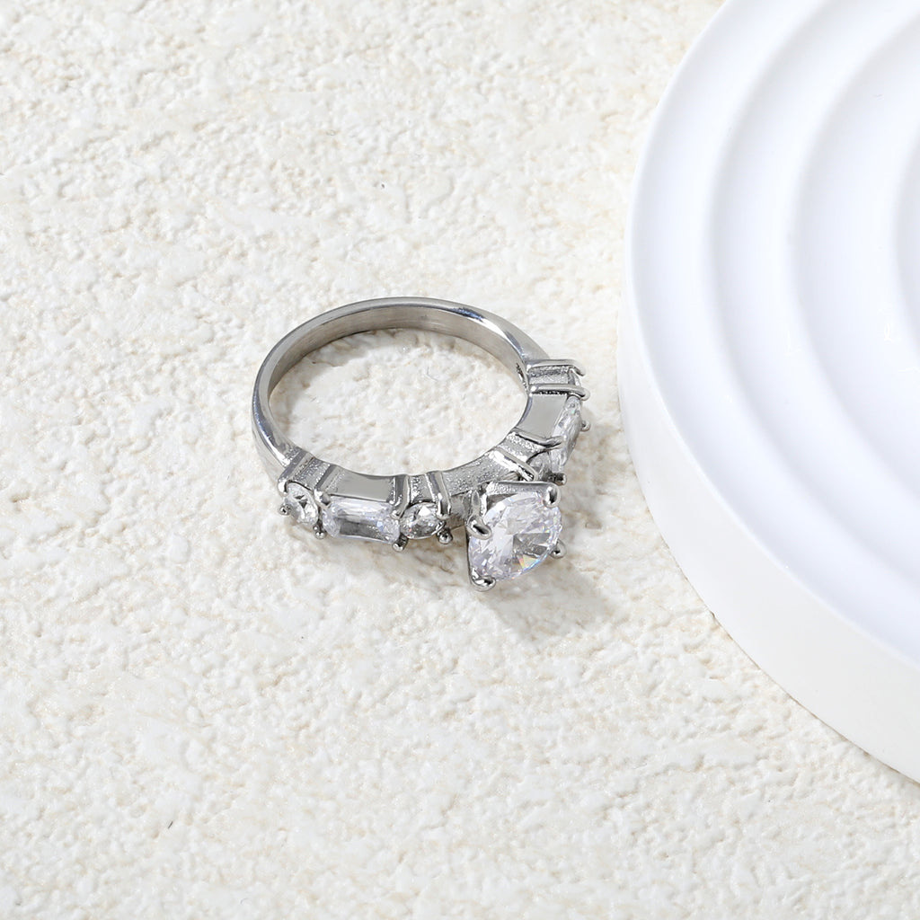 Classic Round & Square Stone Ring | Stainless Steel | Size #6