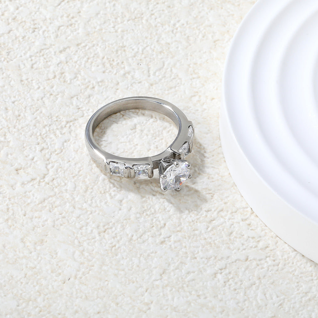 Classic Round & Square Stone Ring | Stainless Steel | Size #6