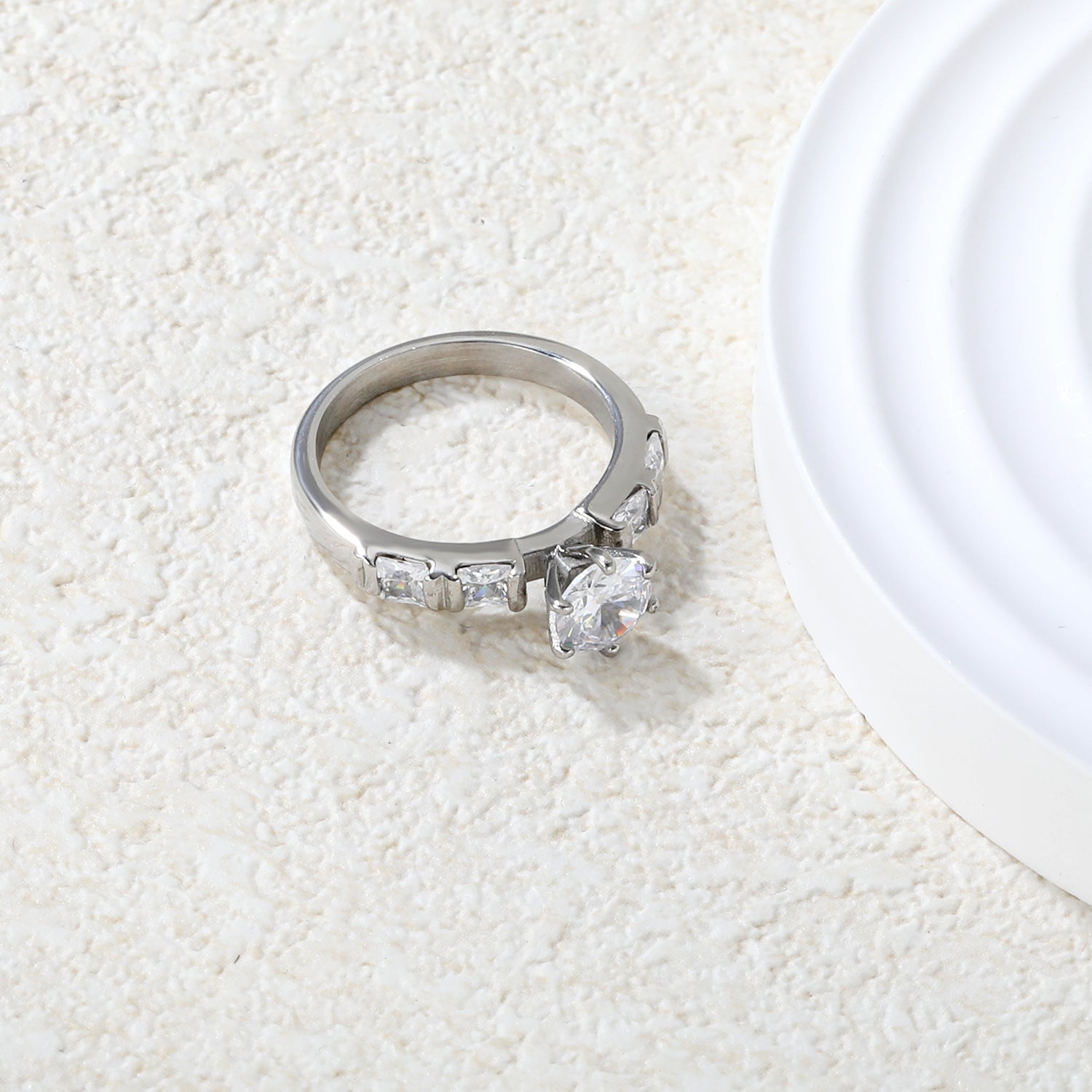 Classic Round & Square Stone Ring | Stainless Steel | Size #6