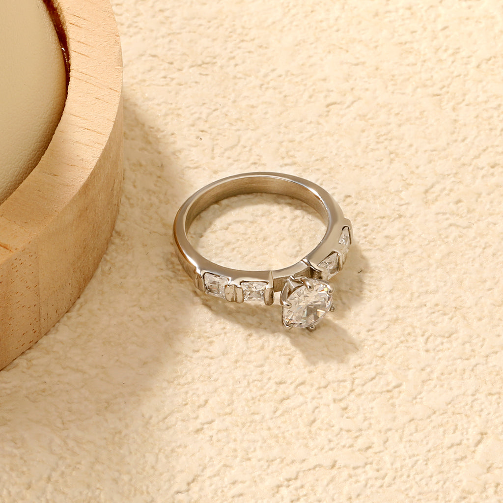 Classic Round & Square Stone Ring | Stainless Steel | Size #6