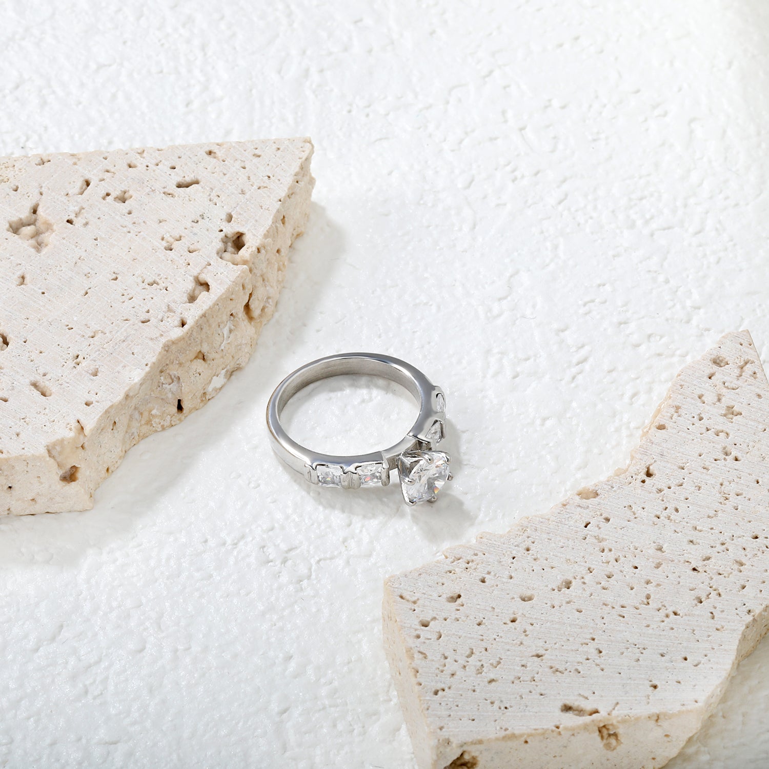 Classic Round & Square Stone Ring | Stainless Steel | Size #6