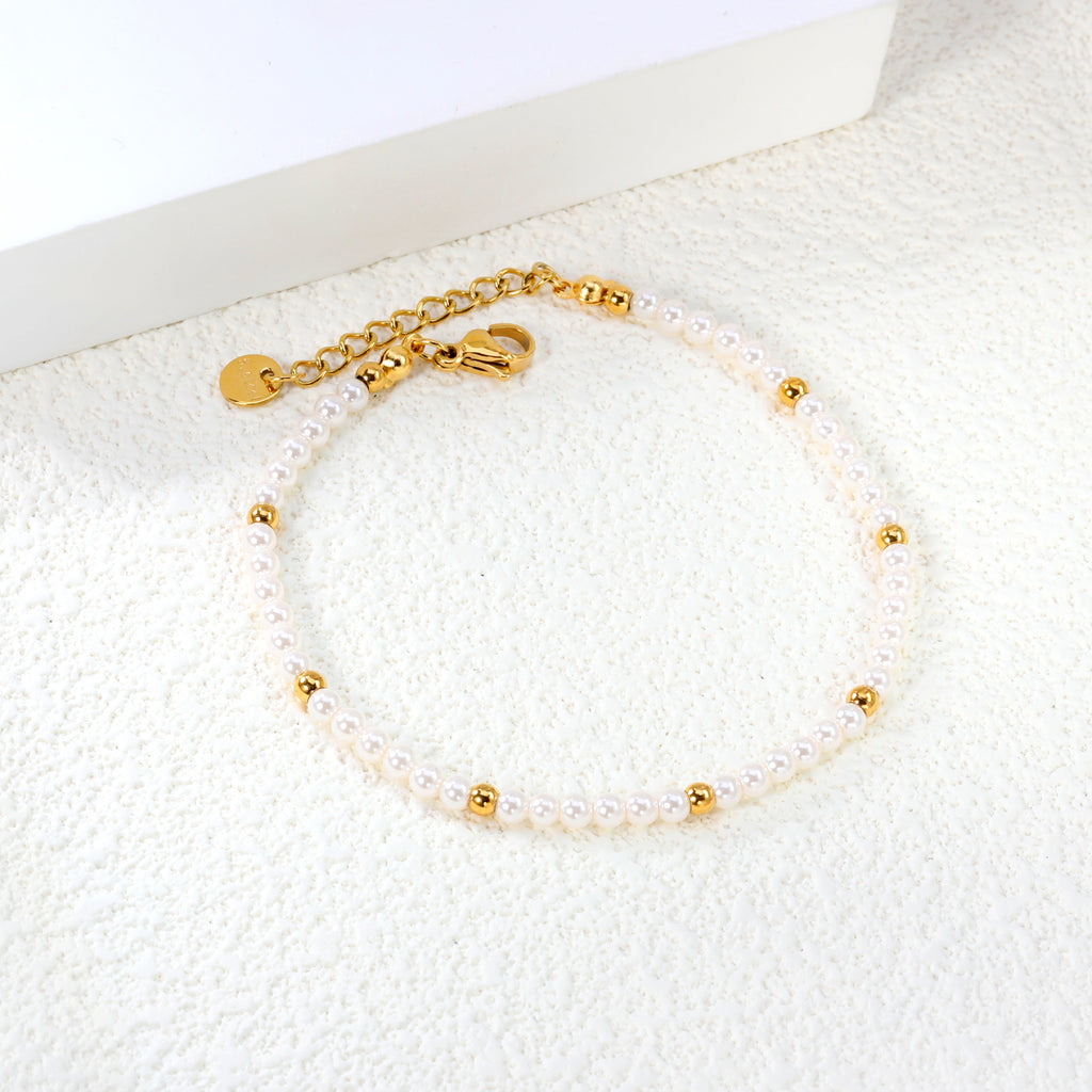 White Shell Bead Bracelet | 18K Gold | Size 18+3cm