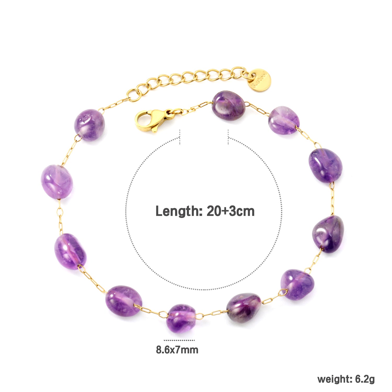 Amethyst Stone Bracelet | 18K Gold | Size 20+3cm
