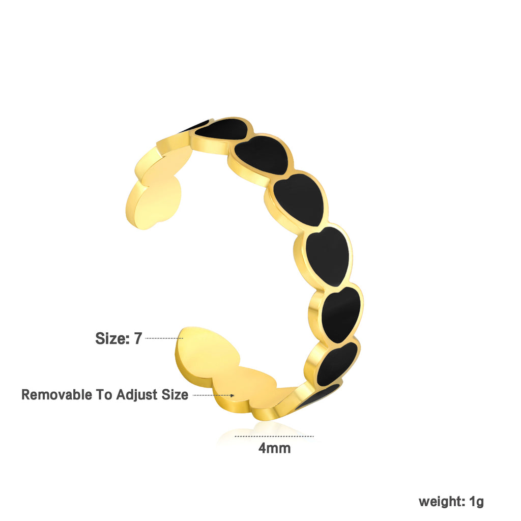 Black Enamel Heart Design Ring | 18K Gold | Size Adjustable