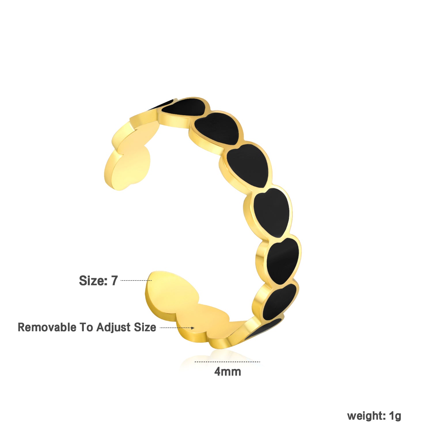 Black Enamel Heart Design Ring | 18K Gold | Size Adjustable