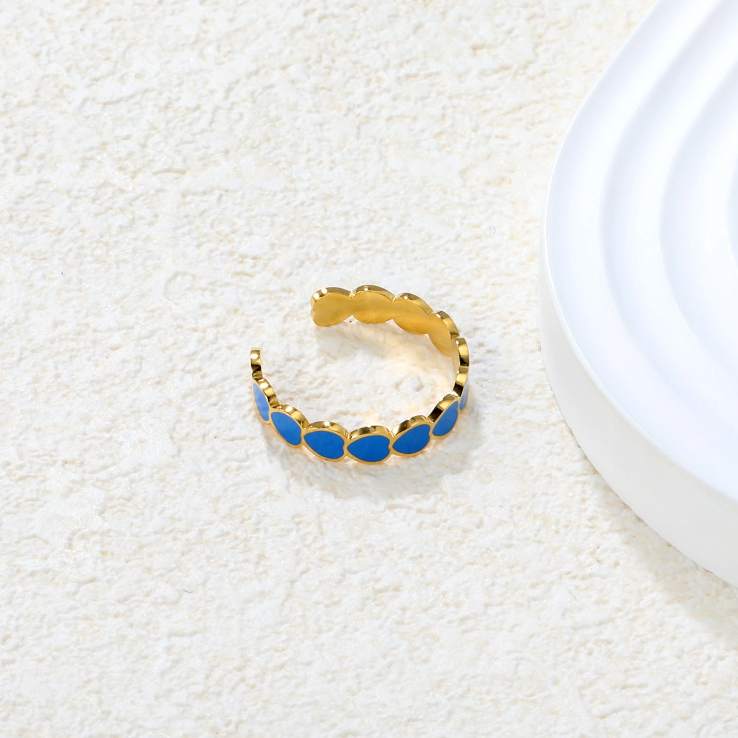 Blue Enamel Heart Design Ring | 18K Gold | Size Adjustable