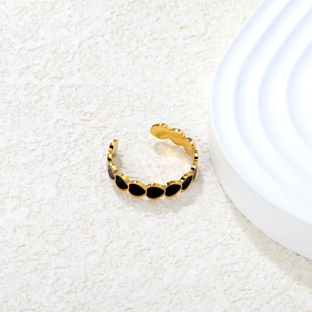 Black Enamel Heart Design Ring | 18K Gold | Size Adjustable