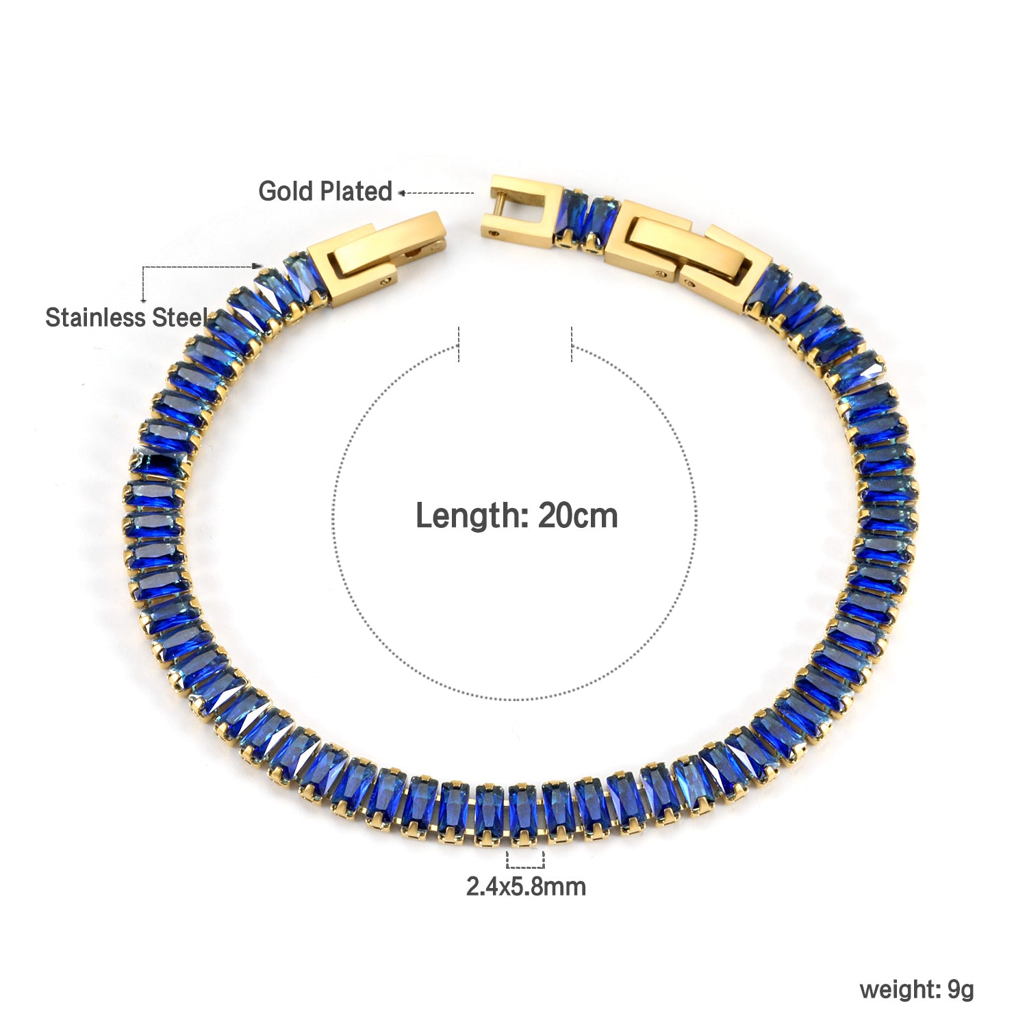 Rectangle Blue Stone Bracelet | 18K Gold | Size 18cm
