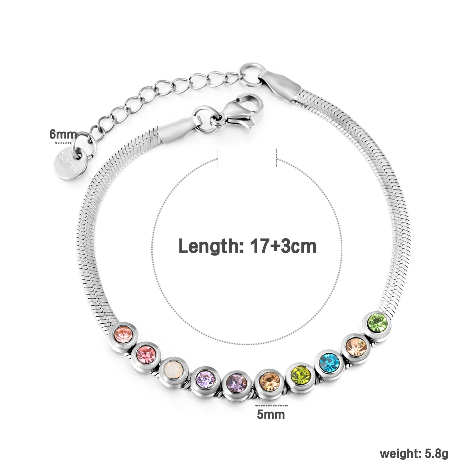 Multicoloured Crystal Bracelet | Stainless Steel | Size 17+3cm
