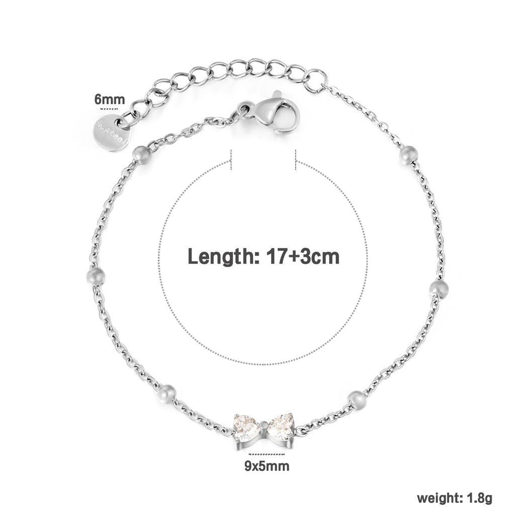 Stone Bowknot & Bead Clamp Bracelet | Stainless Steel | Size 17+3cm