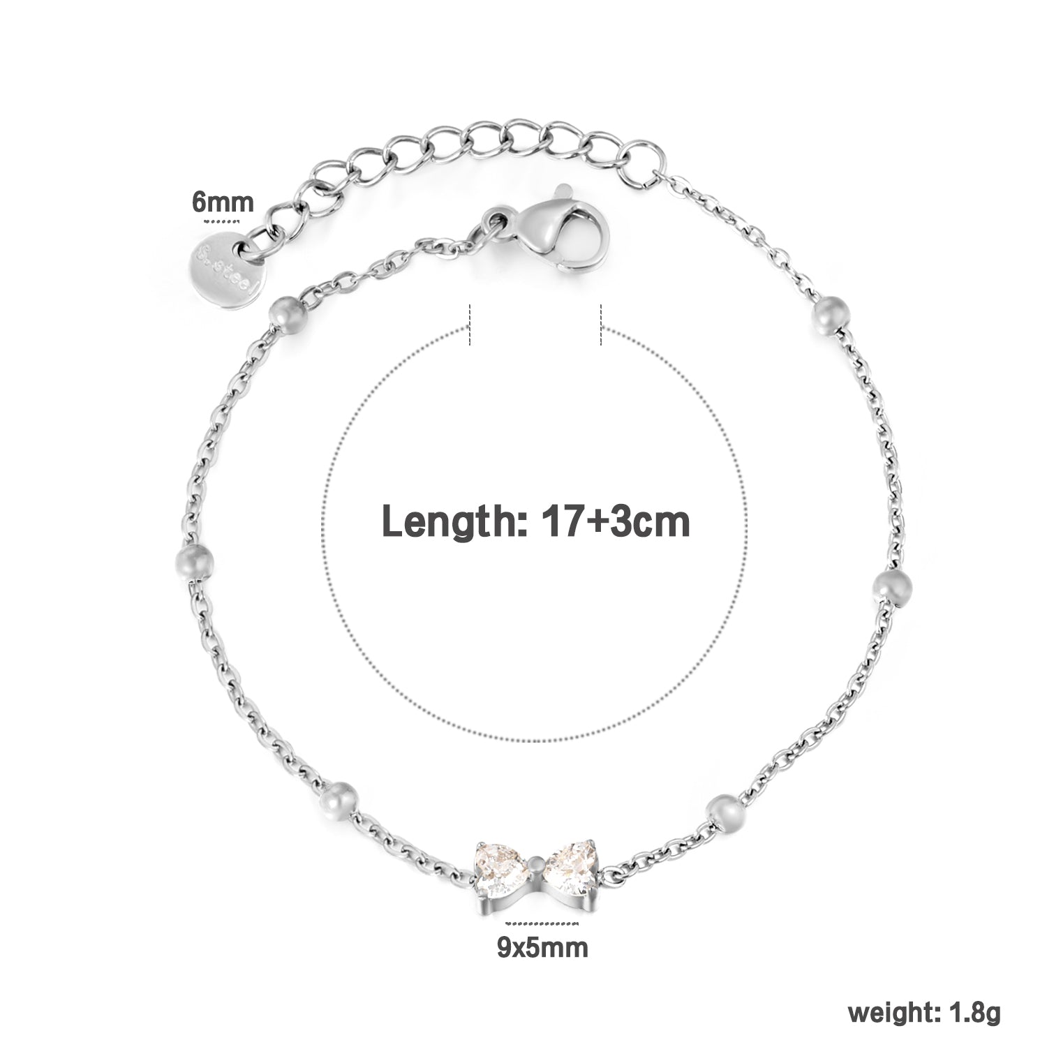 Stone Bowknot & Bead Clamp Bracelet | Stainless Steel | Size 17+3cm