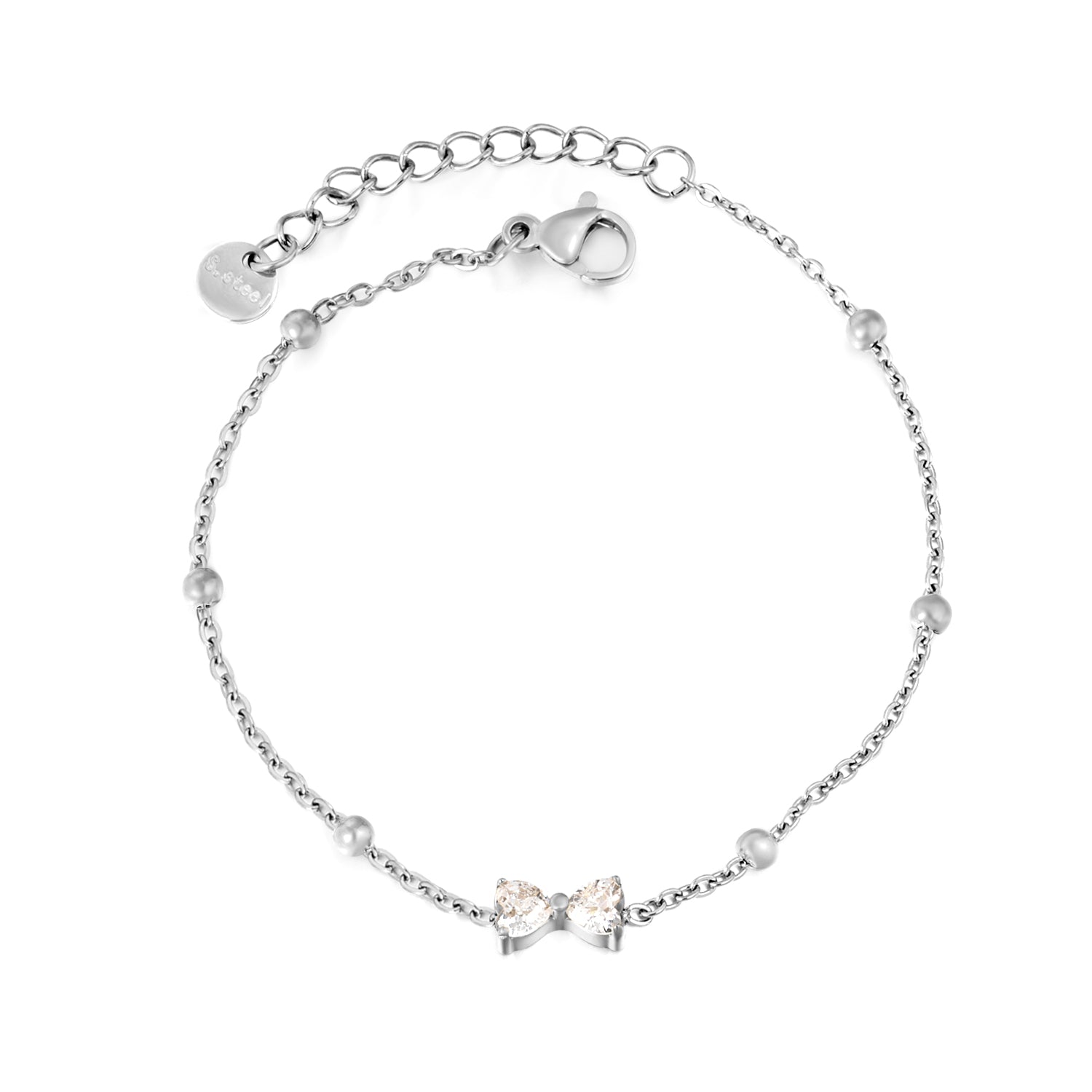Stone Bowknot & Bead Clamp Bracelet | Stainless Steel | Size 17+3cm