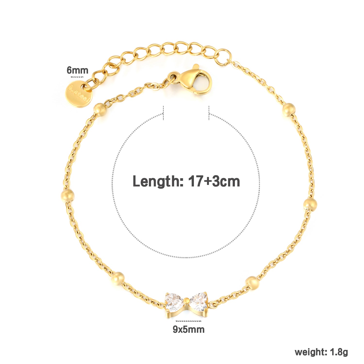 Stone Bowknot & Bead Clamp Bracelet | 18K Gold | Size 17+3cm