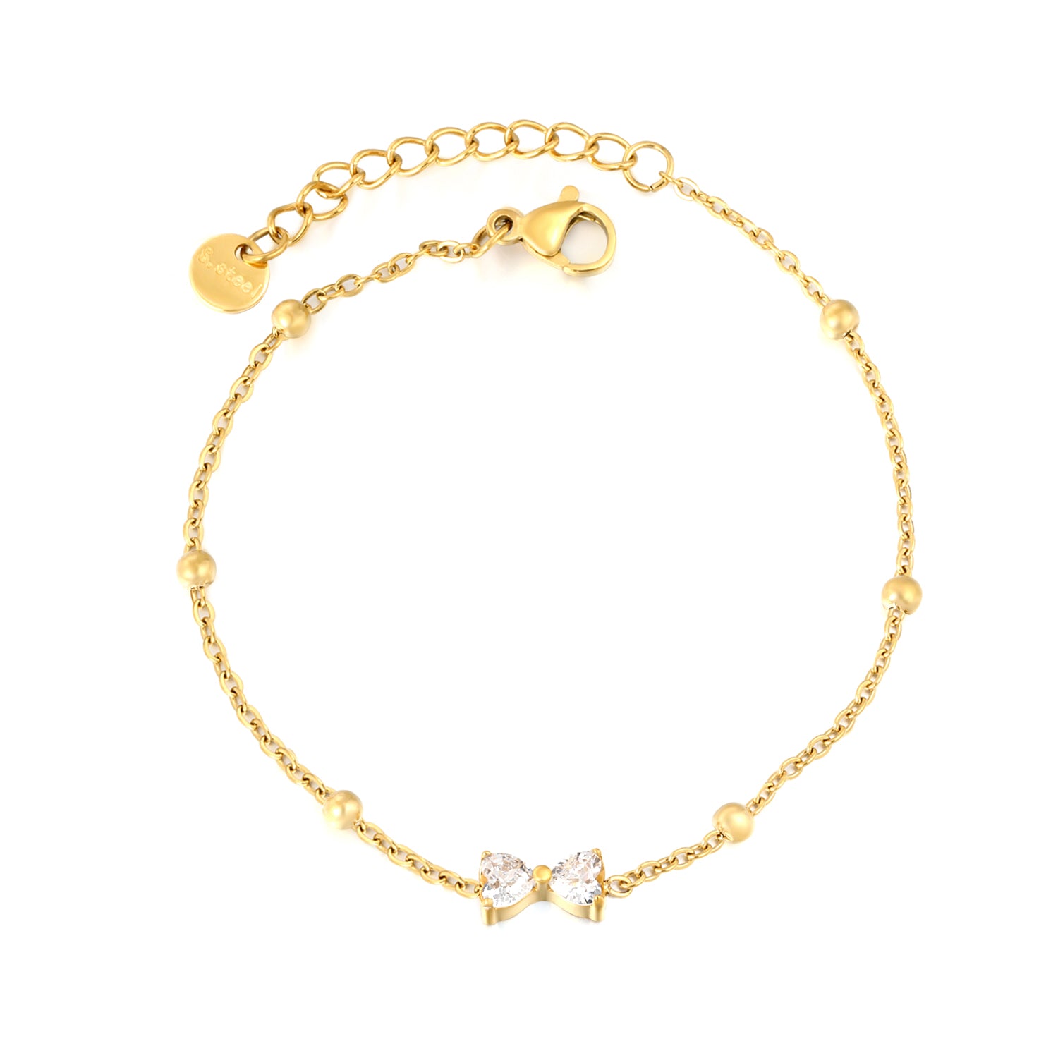 Stone Bowknot & Bead Clamp Bracelet | 18K Gold | Size 17+3cm