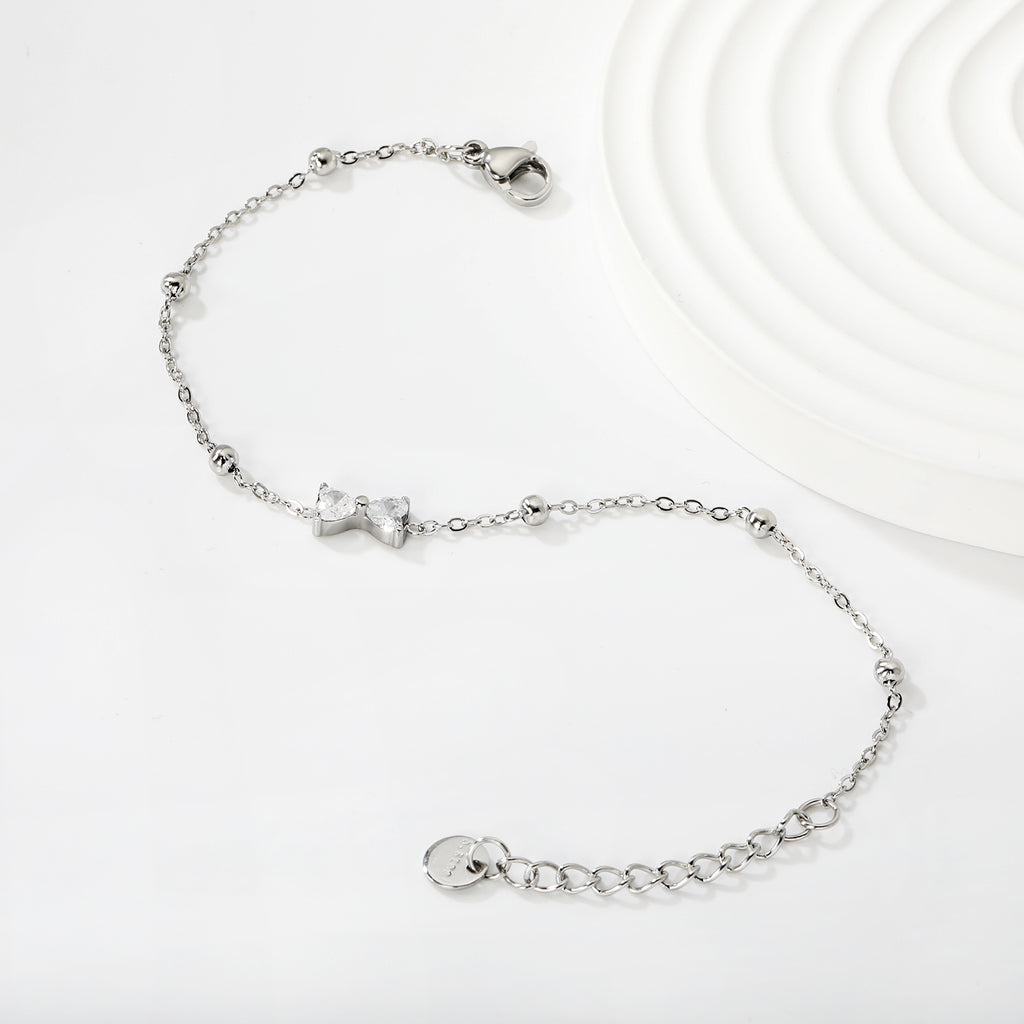 Stone Bowknot & Bead Clamp Bracelet | Stainless Steel | Size 17+3cm