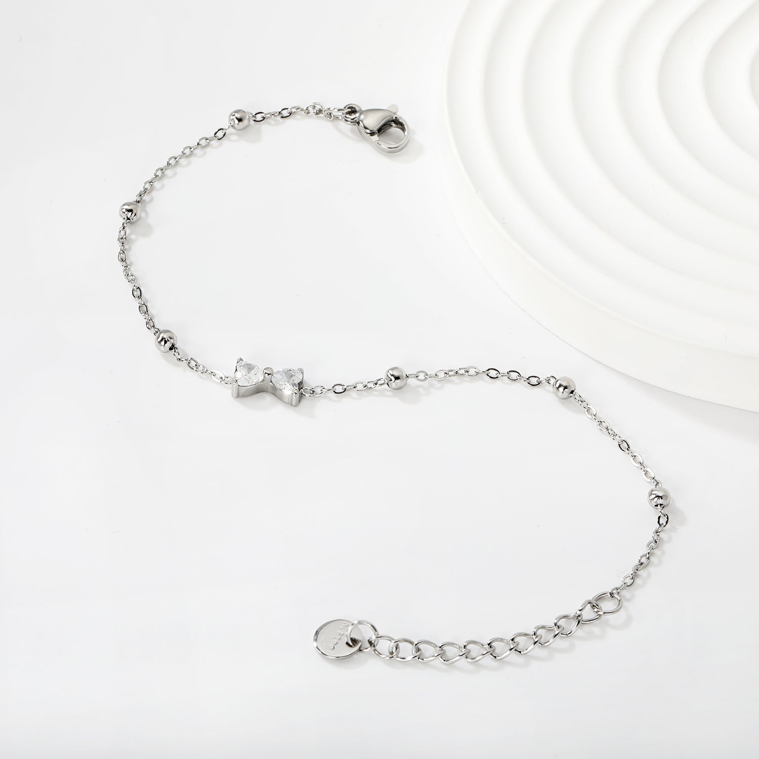 Stone Bowknot & Bead Clamp Bracelet | Stainless Steel | Size 17+3cm