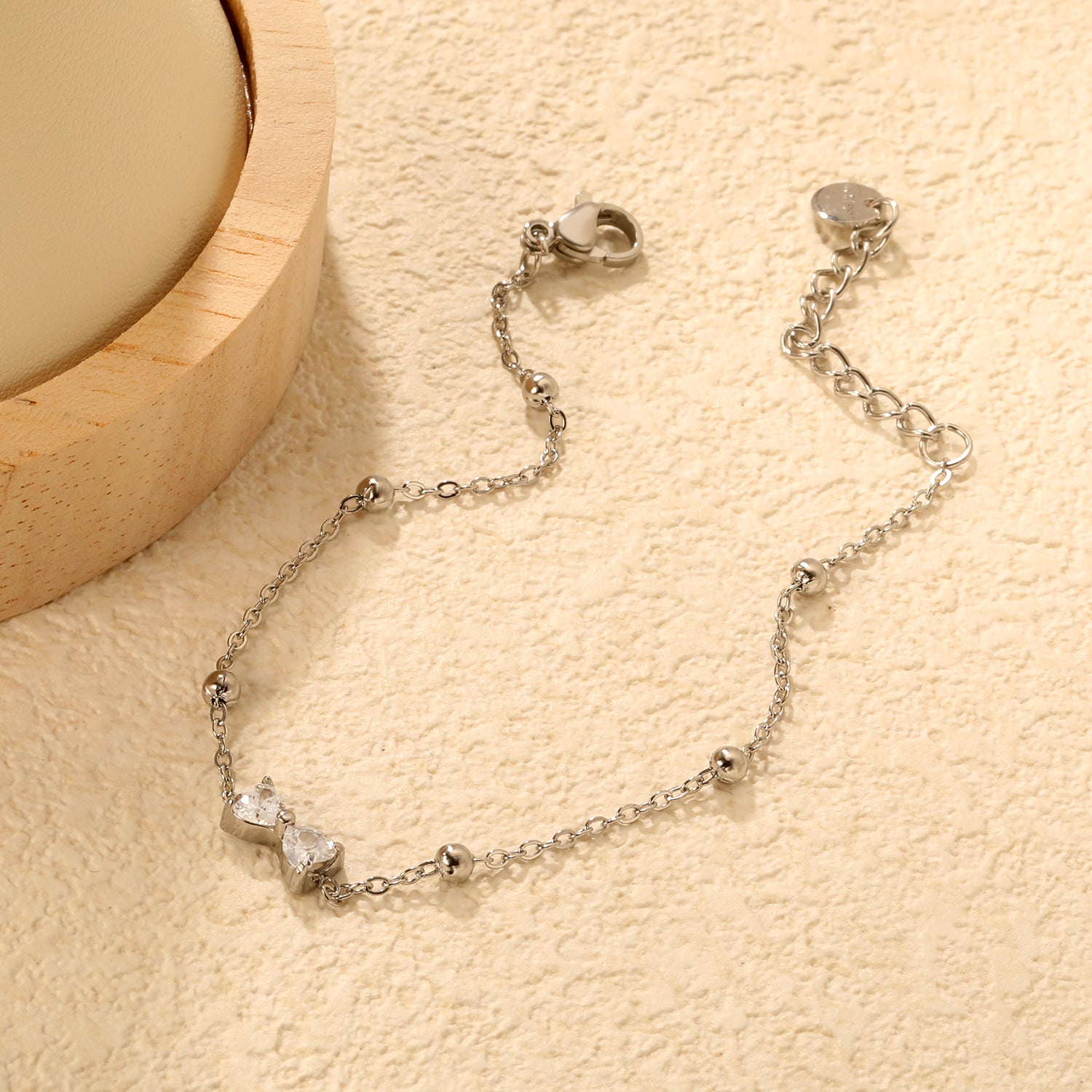 Stone Bowknot & Bead Clamp Bracelet | Stainless Steel | Size 17+3cm