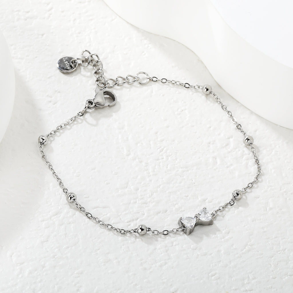Stone Bowknot & Bead Clamp Bracelet | Stainless Steel | Size 17+3cm