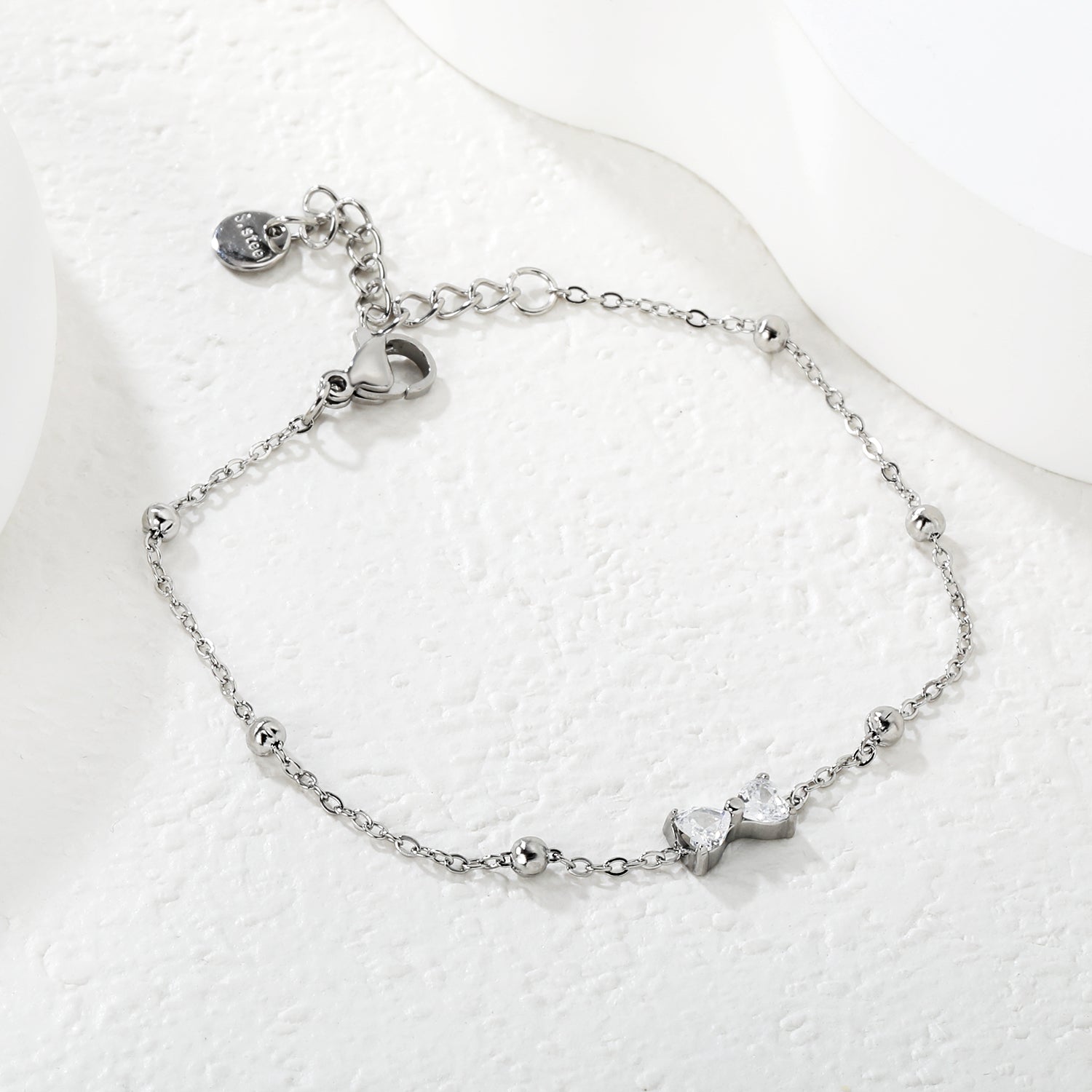 Stone Bowknot & Bead Clamp Bracelet | Stainless Steel | Size 17+3cm