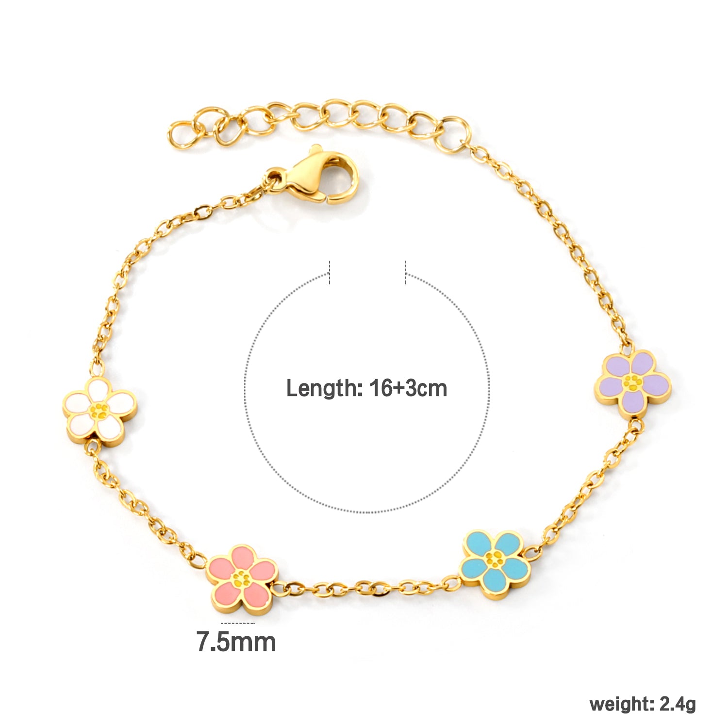 Mix Coloured Floral Bracelet | 18K Gold | Size 16+3cm