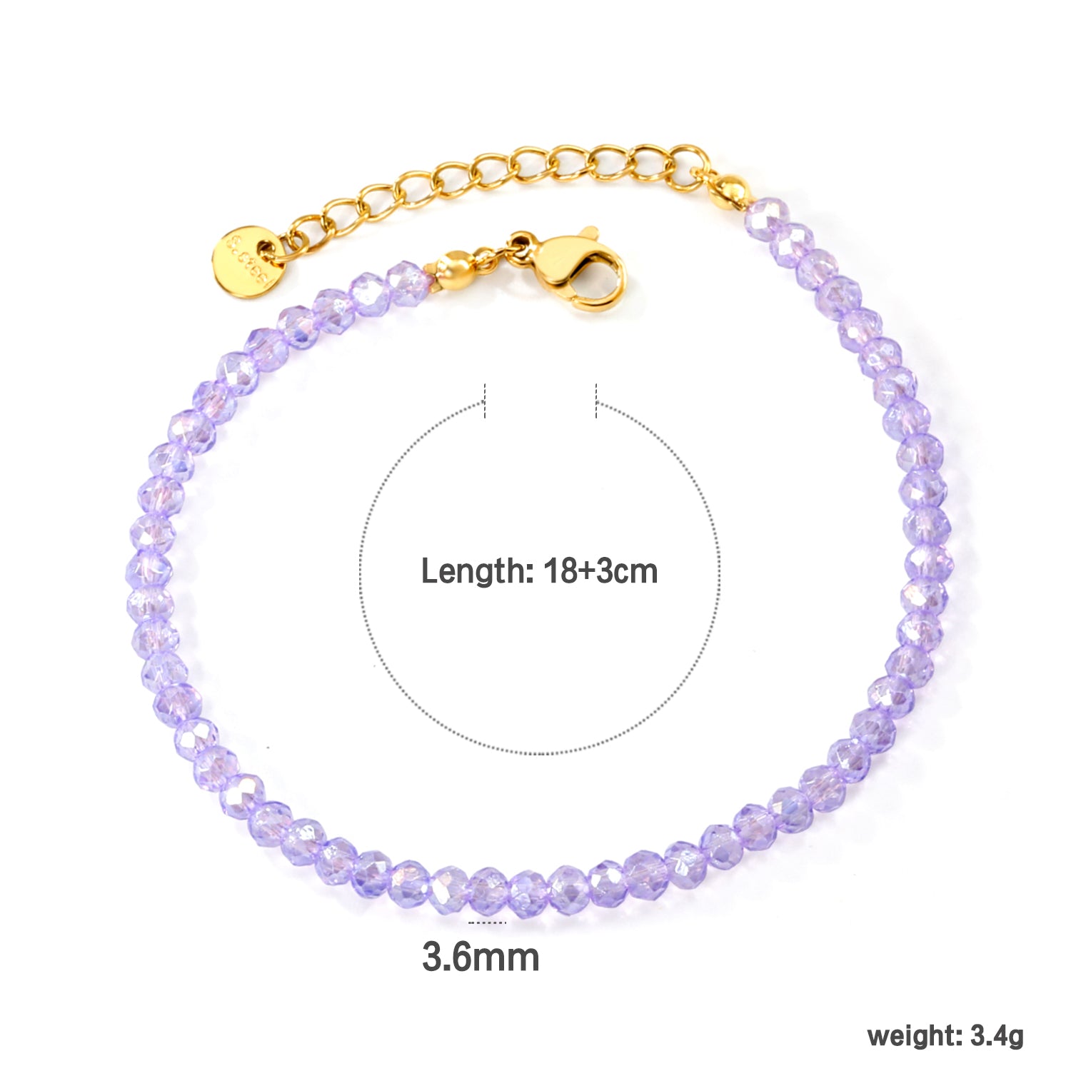 Rhombic Purple Round Beads Bracelet | 18K Gold | Size 18+3cm