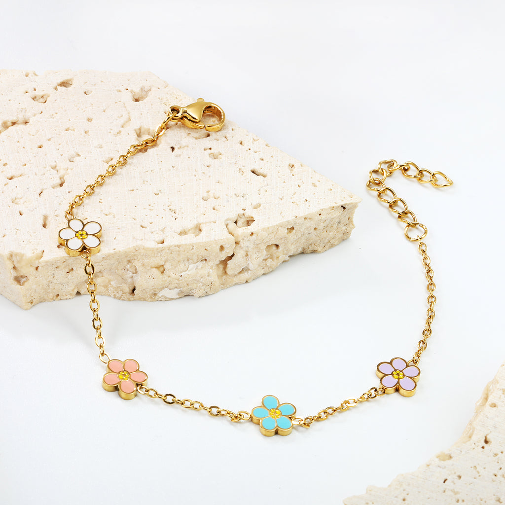 Mix Coloured Floral Bracelet | 18K Gold | Size 16+3cm