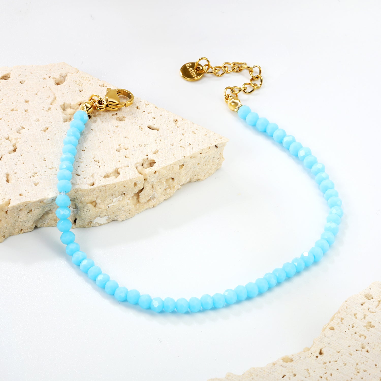 Rhombic Blue Round Beads Bracelet | 18K Gold | Size 18+3cm