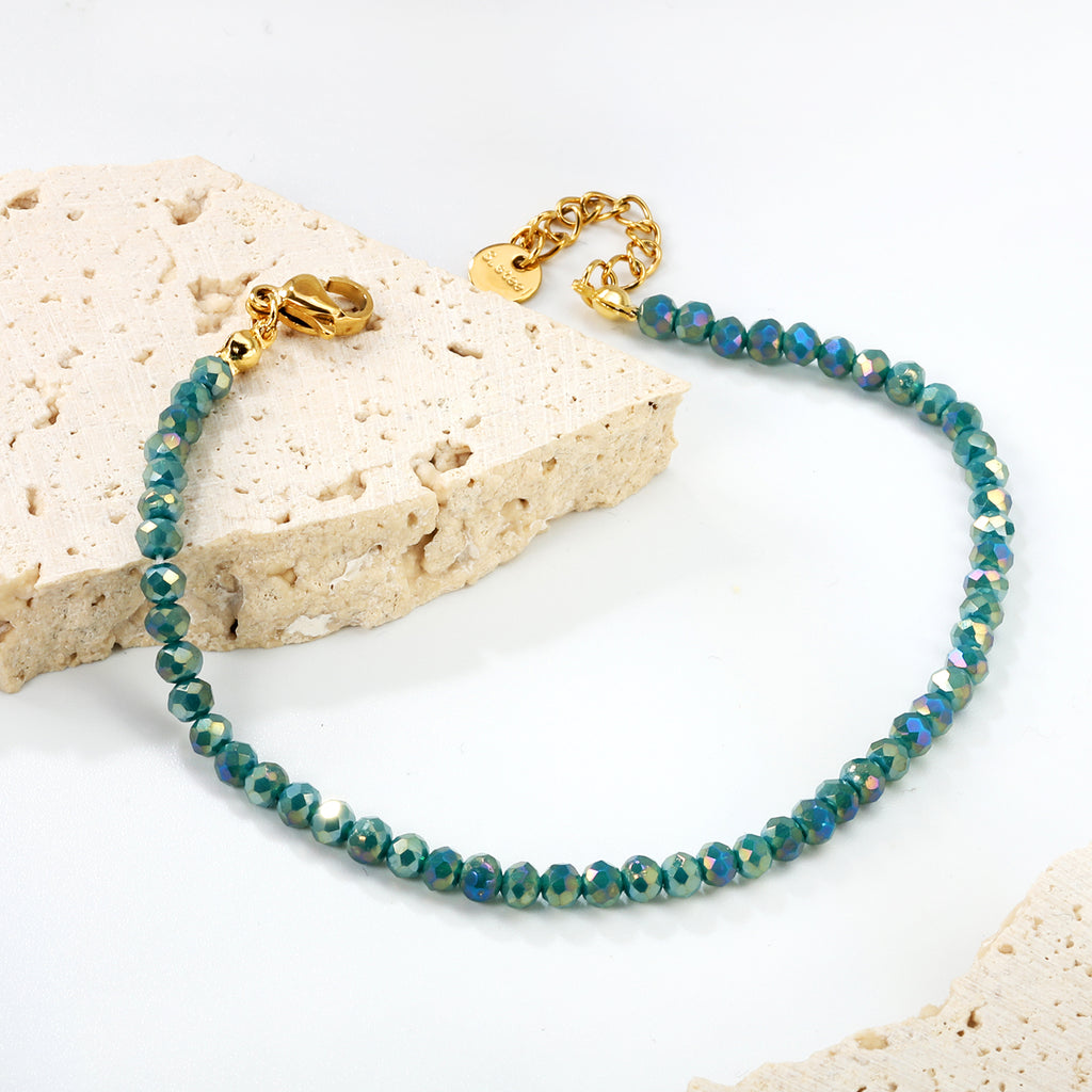 Rhombic Green Round Beads Bracelet | 18K Gold | Size 18+3cm