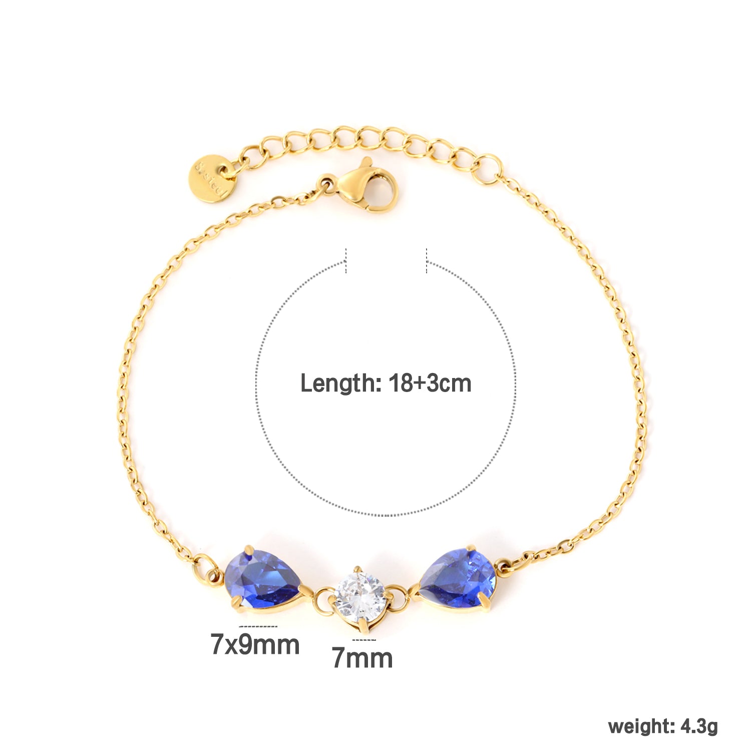 Pear Shaped White & Blue diamonds Bracelet | 18K Gold | Size 18+3cm