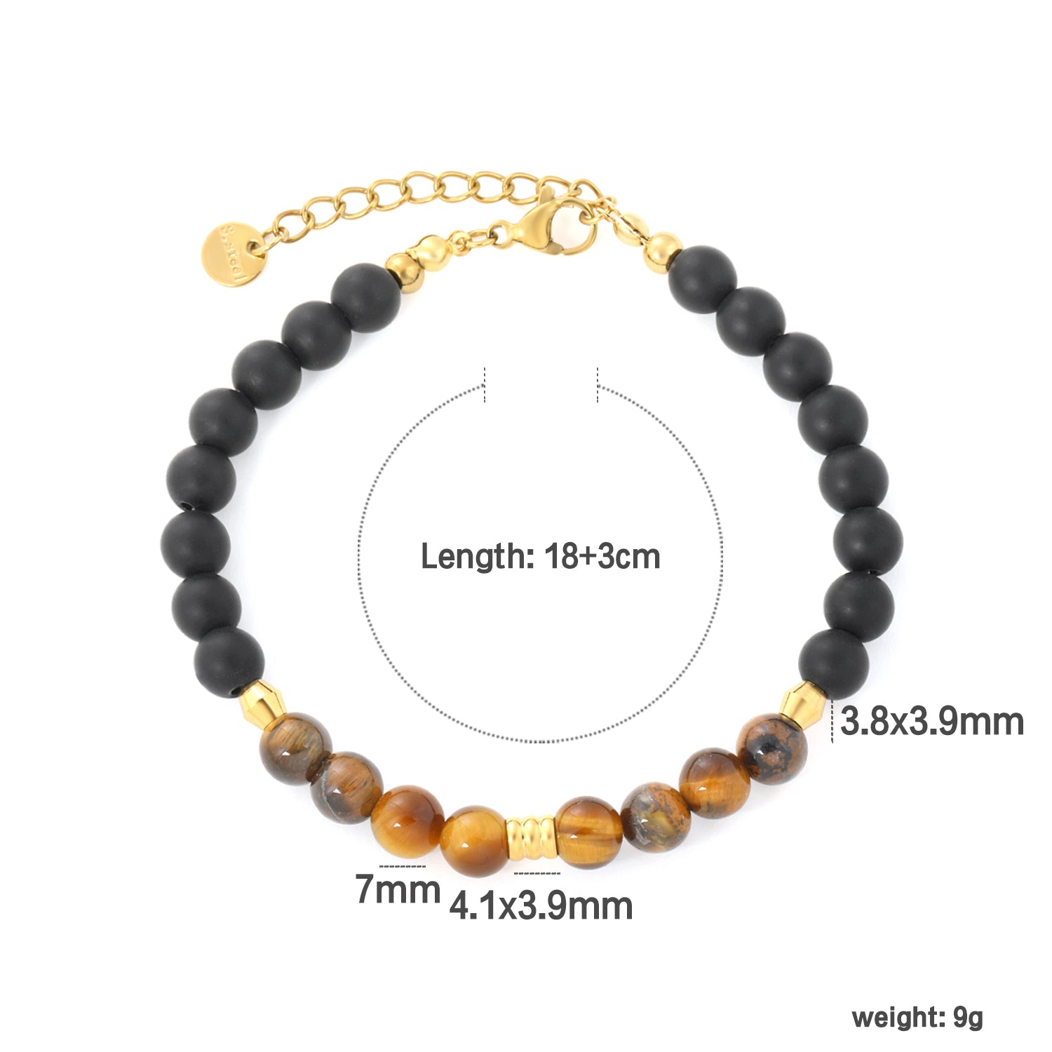 Tiger's Eye Stone with Black Beads Bracelet | 18K Gold | Size 18+3cm