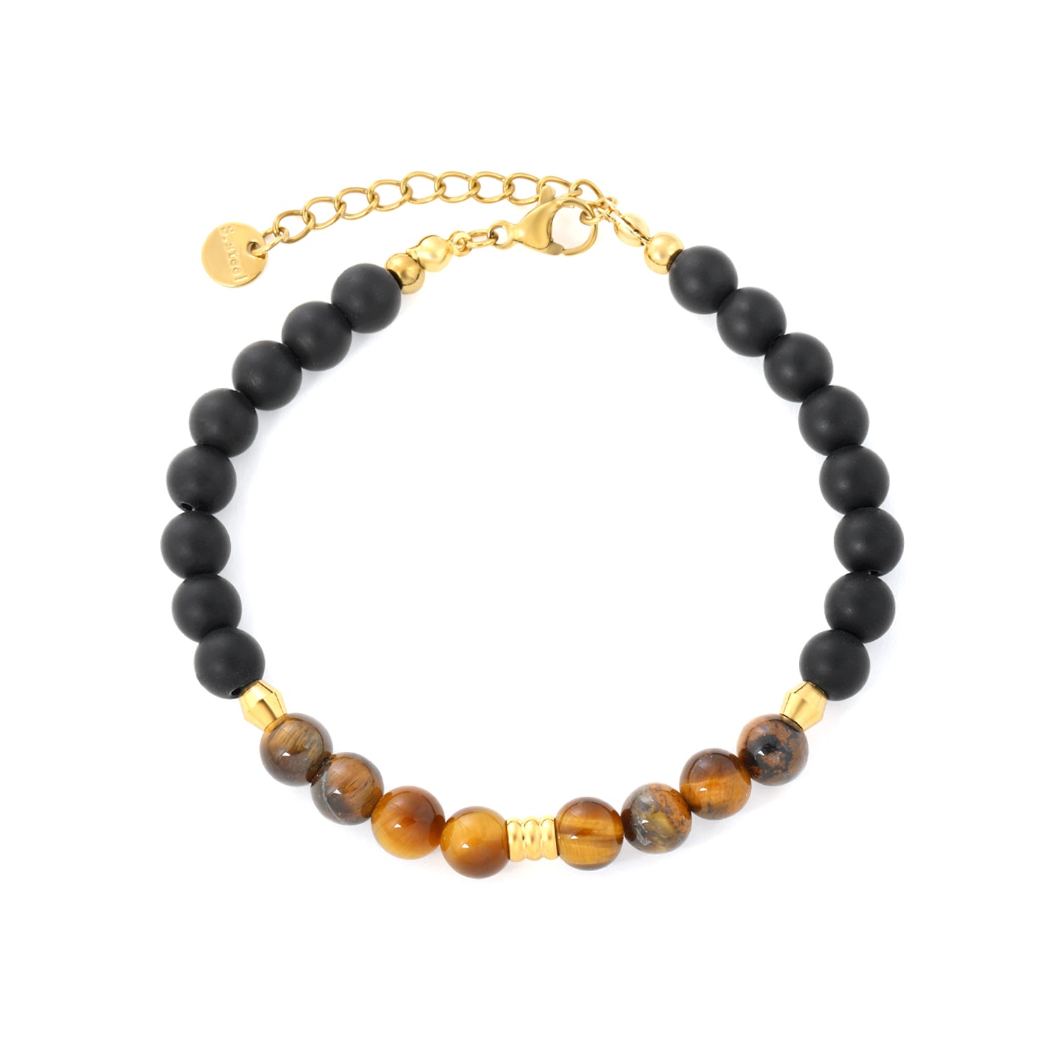 Tiger's Eye Stone with Black Beads Bracelet | 18K Gold | Size 18+3cm