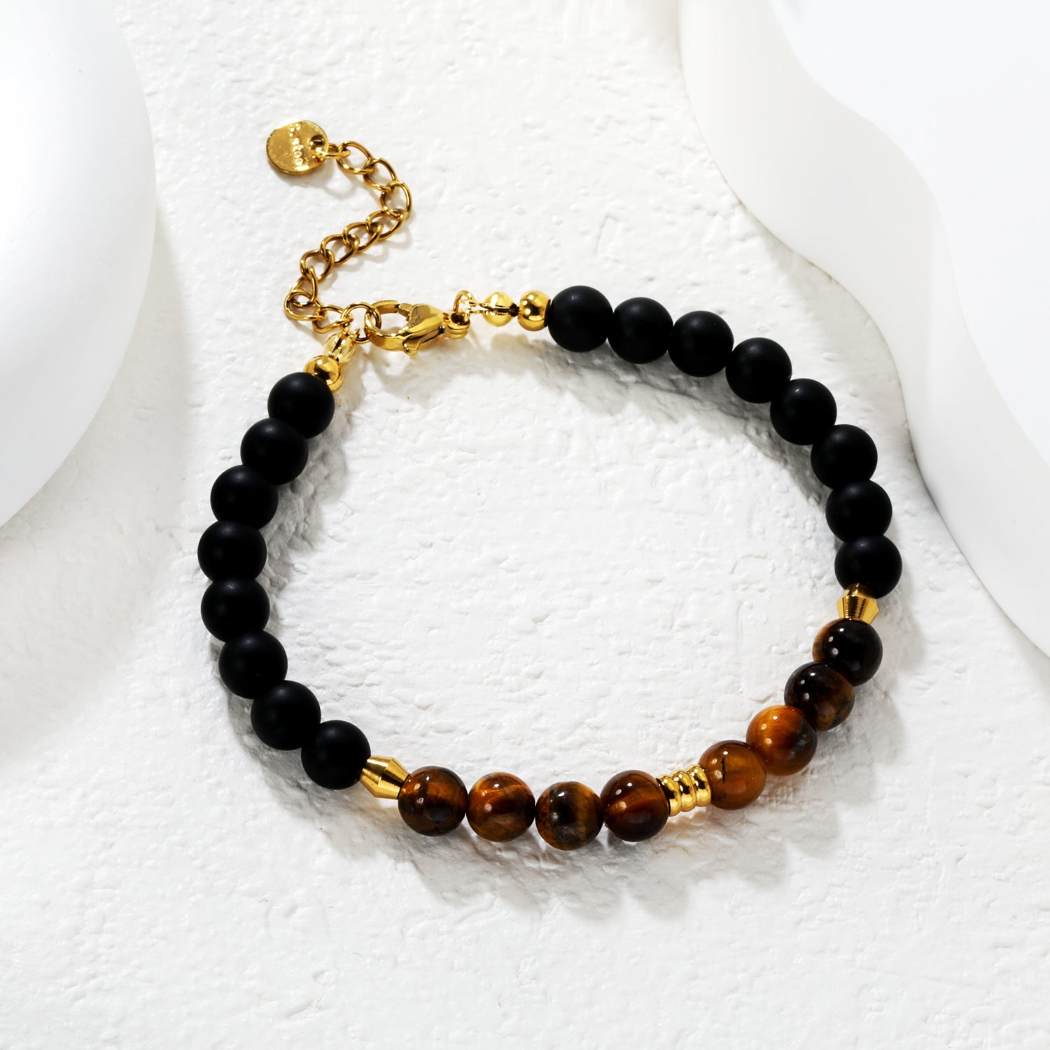 Tiger's Eye Stone with Black Beads Bracelet | 18K Gold | Size 18+3cm