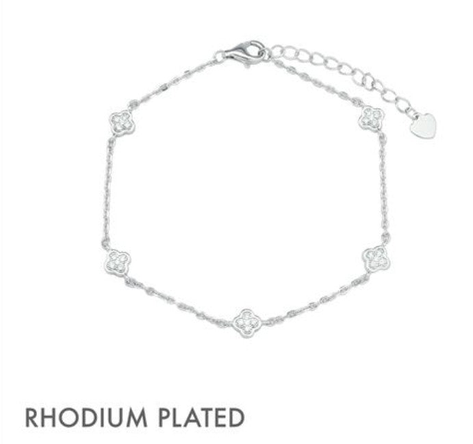 Sterling Silver Rhodium Plated Micro CZ Adjustable Floral Bracelet | 17+3cm extension