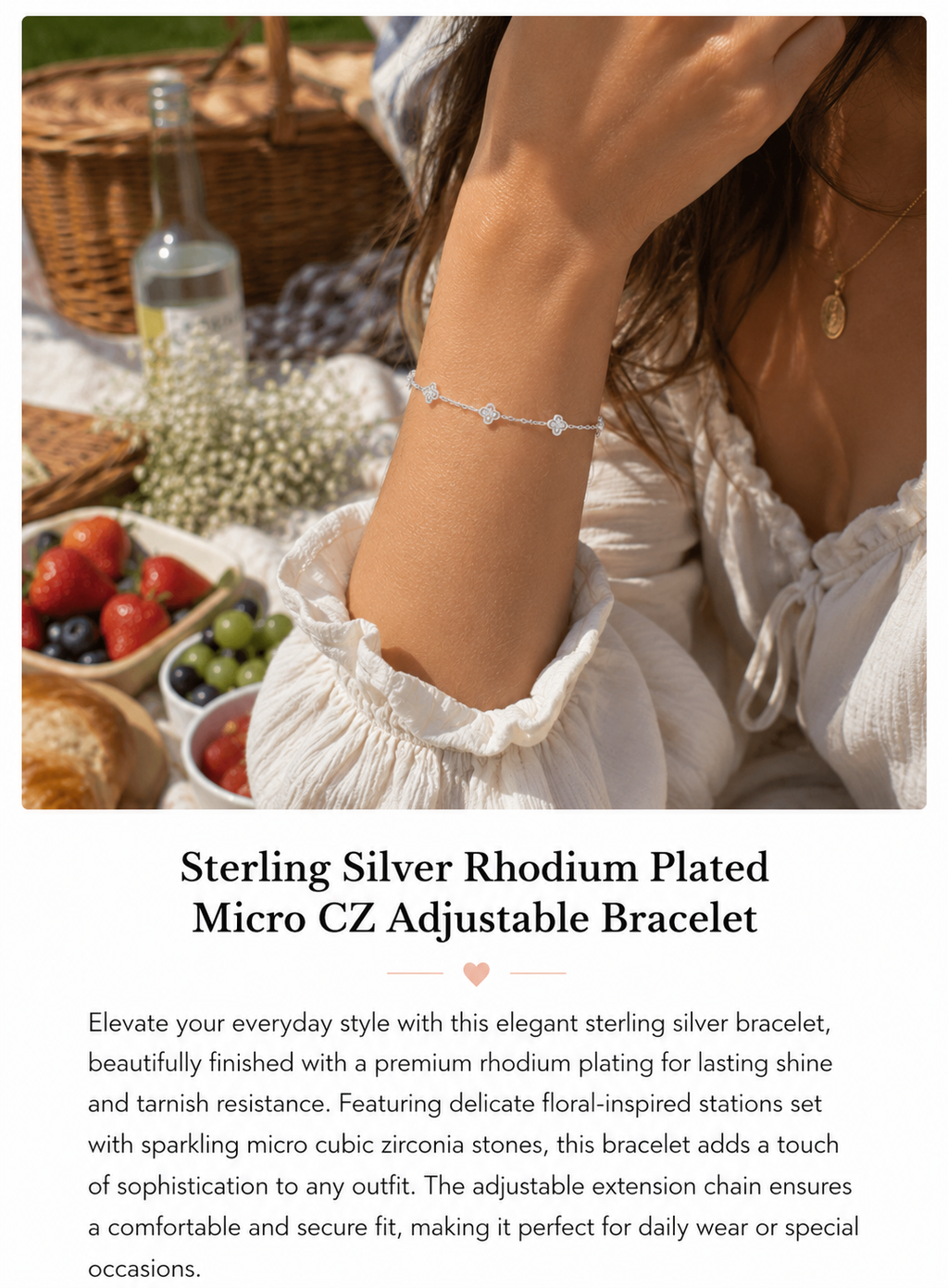 Sterling Silver Rhodium Plated Micro CZ Adjustable Floral Bracelet | 17+3cm extension