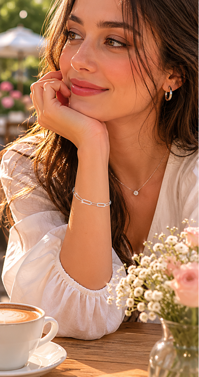 Sterling Silver Rhodium Plated Micro CZ Adjustable Paperclip Bracelet | 16+3cm extension