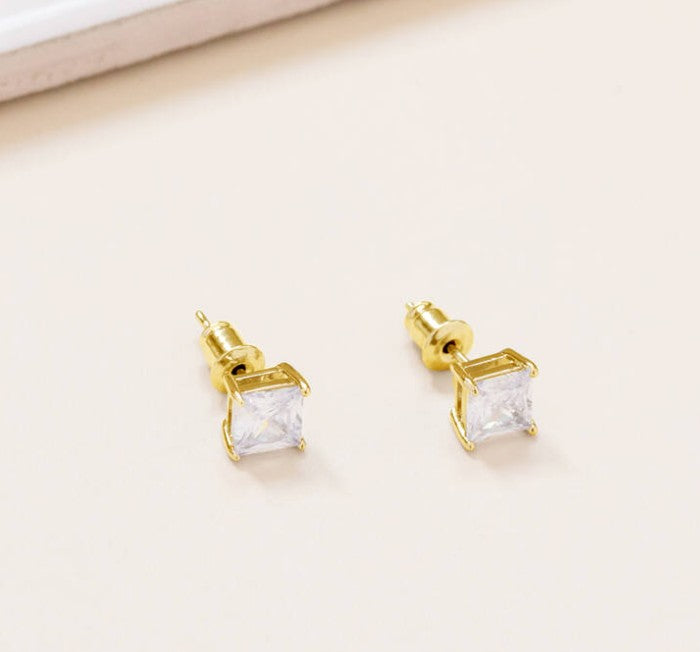 Square Crystal Zircon Stud Earrings | 18K Gold Plated | Size 3-8mm