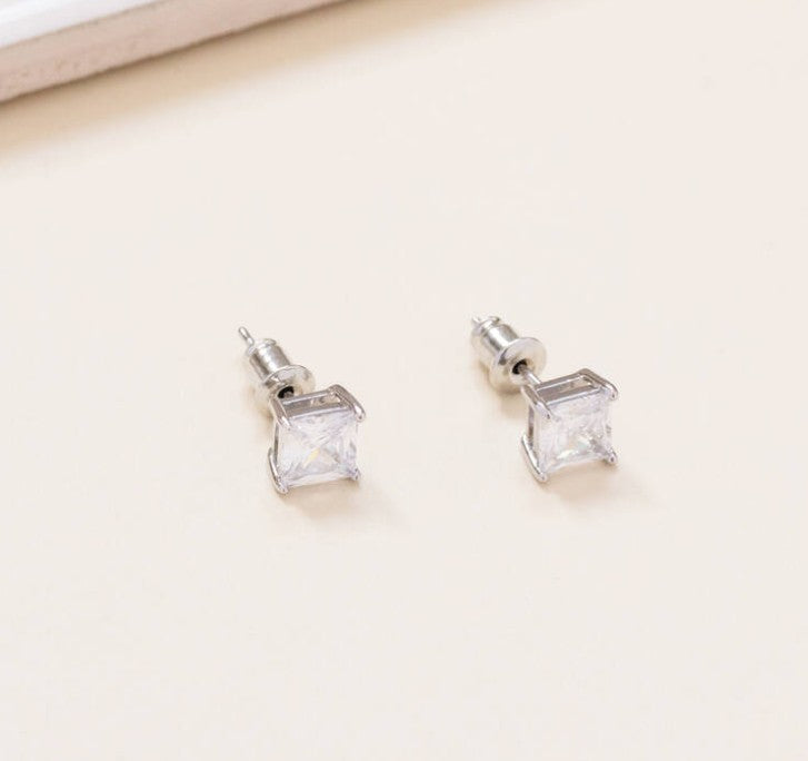 Square Crystal Zircon Stud Earrings | silver | Size 3-8mm
