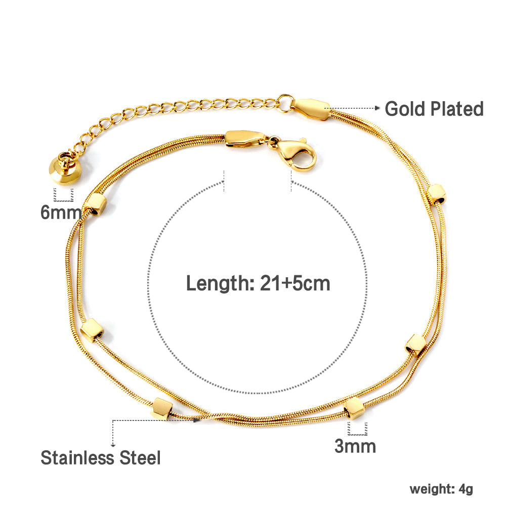 Gold Small Square & Soft Double Chain Anklet | 18K Gold
