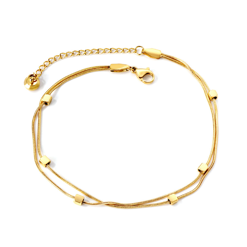 Gold Small Square & Soft Double Chain Anklet | 18K Gold