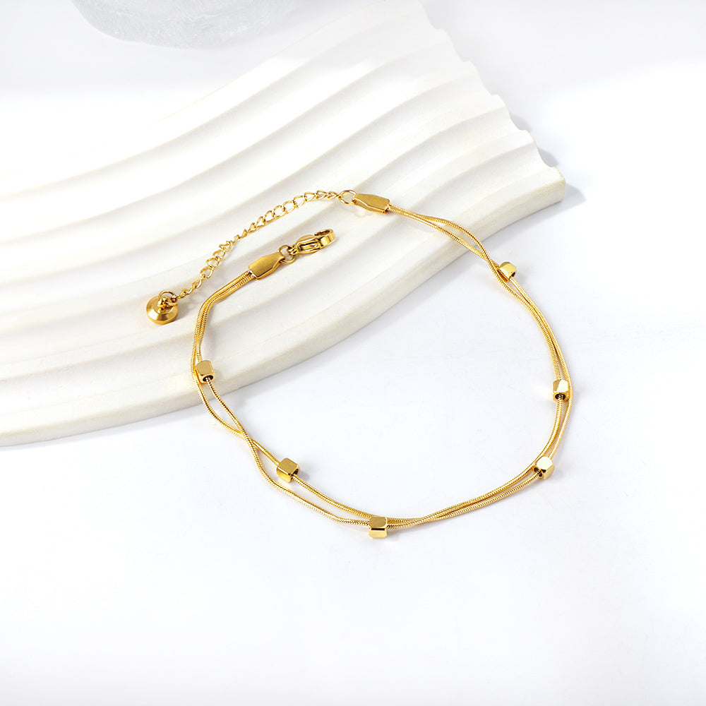 Gold Small Square & Soft Double Chain Anklet | 18K Gold