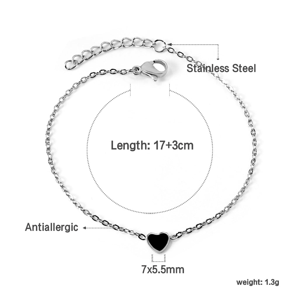 Black Heart Enamel Bracelet | Stainless Steel | Size 17+3cm