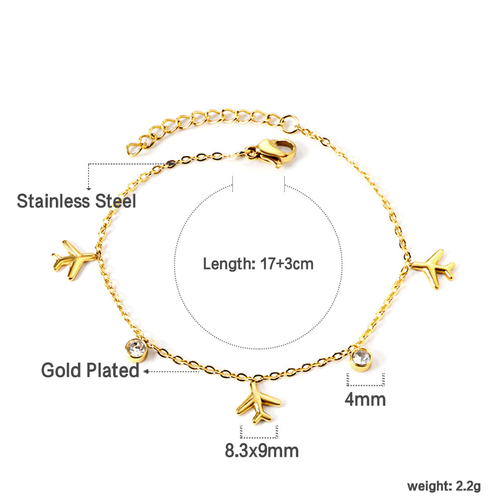 Plane + White Stone Bracelet | 18K Gold | Size 17+3 cm