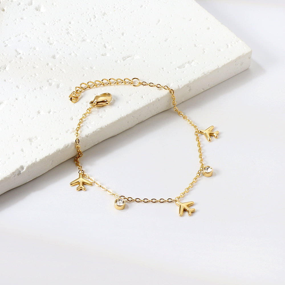 Plane + White Stone Bracelet | 18K Gold | Size 17+3 cm