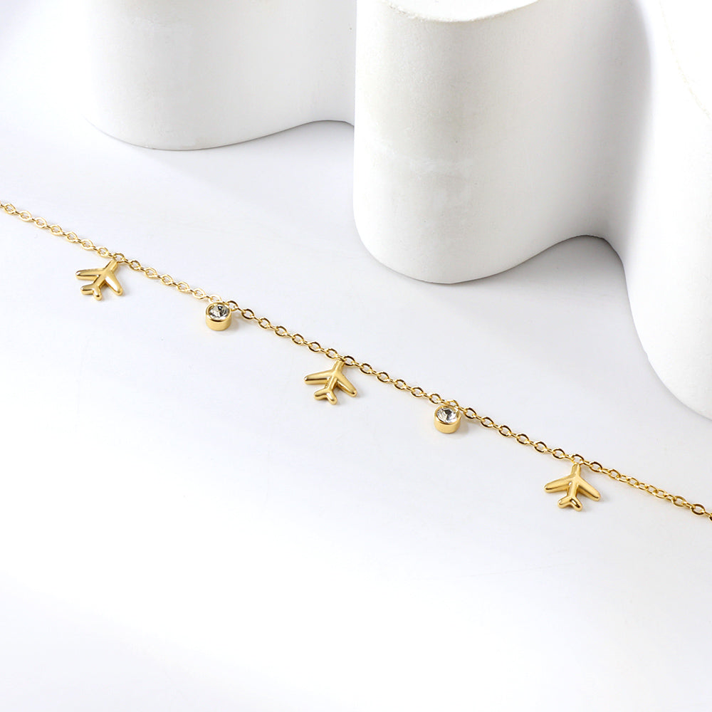 Plane + White Stone Bracelet | 18K Gold | Size 17+3 cm