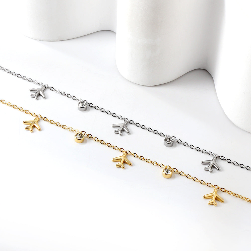 Plane + White Stone Bracelet | 18K Gold | Size 17+3 cm